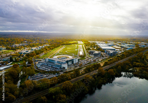 Aerial view of motor racing circuit and in Brooklands near Weybridge in Surrey, England