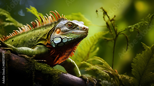  A green iguana sits on a green leaf