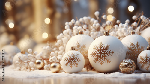 White and golden Christmas ornaments on bokeh background. Merry Christmas and Happy Holidays card. Winter season xmas theme. New Year. Noel.