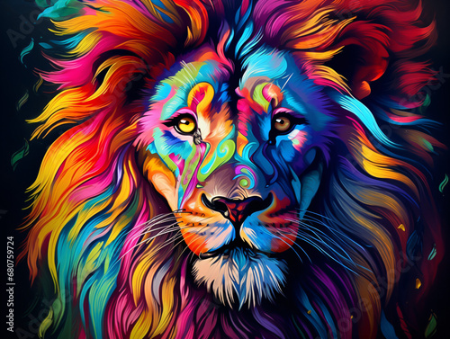 A colorful neon lion with a black background