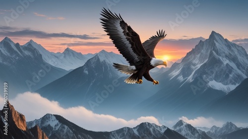 A moment when an eagle flies in the evening sky photo