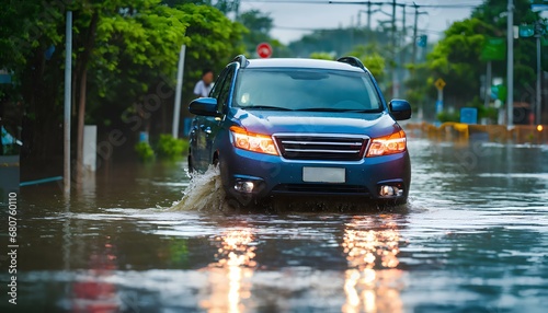 冠水した道路で車の一部が水没した、 台風の豪雨｜Part of the car was submerged in water on the flooded road. Typhoon heavy rain. Generative AI photo