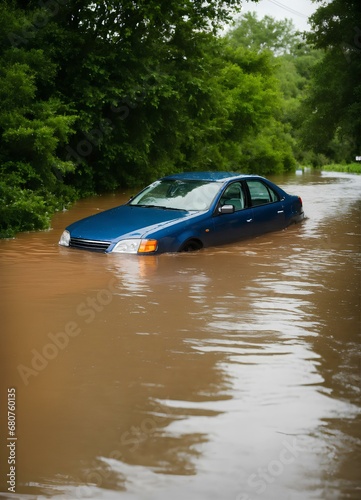 冠水した道路で車の一部が水没した、 台風の豪雨｜Part of the car was submerged in water on the flooded road. Typhoon heavy rain. Generative AI