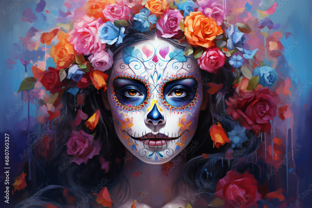A woman with dia de los muertos face paint and flowers in her hair