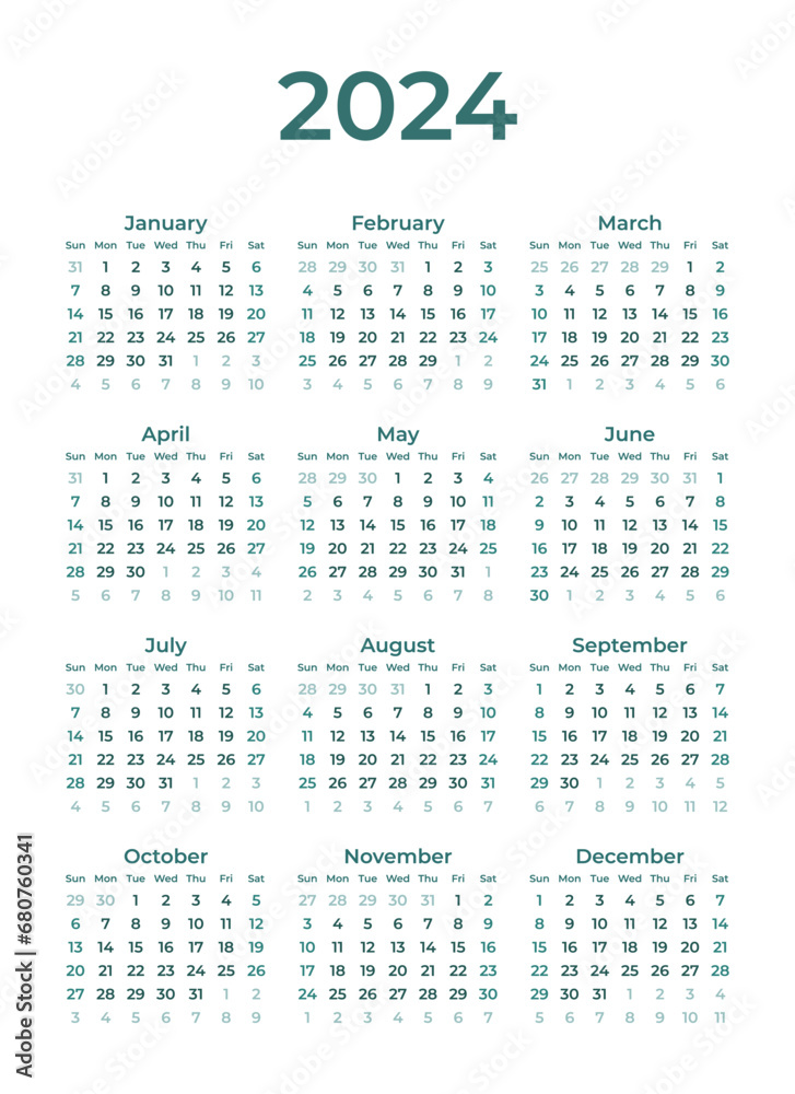 Calendar 2024 vector illustration start week from sunday, Simple elegant Calendar 2024 vector illustration start week from sunday, Simple elegant