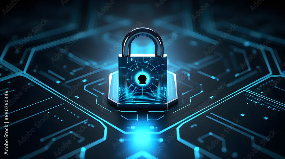 Digital padlock for computing system on dark blue background, cyber security technology for fraud prevention and privacy data network protection concept. - obrazy, fototapety, plakaty 