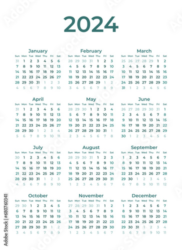 Calendar 2024 vector illustration start week from sunday, Simple elegant