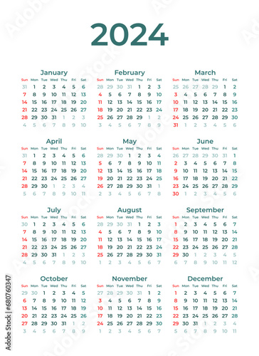 Calendar 2024 vector illustration start week from sunday, Simple elegant