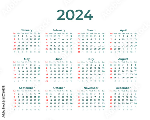 Simple elegant calendar 2024 vector illustration start week from sunday