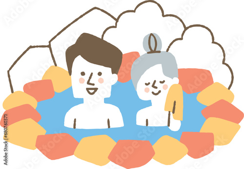 旅行に来て温泉に入る夫婦_色