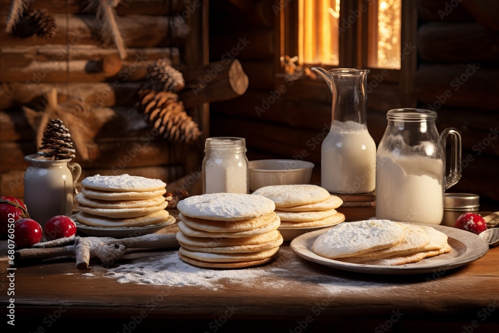 Pancakes on wooden table, red berries, cocoa, warm Christmas feel. The kitchen is warm and rustic, perfect for a Christmas breakfast. Pancakes on wooden table, red berries, cocoa, warm Christmas feel. The kitchen is warm and rustic, perfect for a Christmas breakfast.
