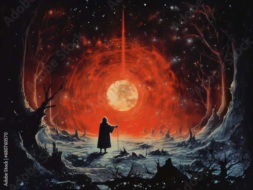 A wizard standing in front of a red moon holding his staff dark fantasy illustration