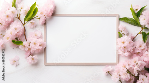 A white frame with pink flowers on a white background photo