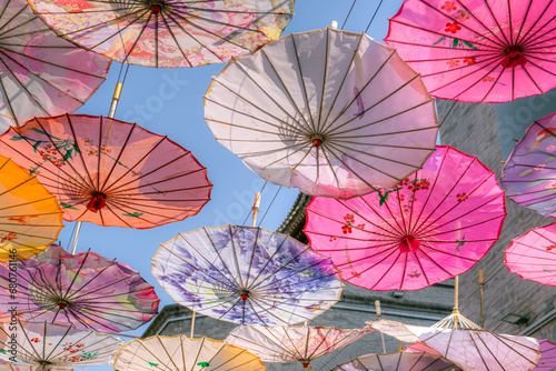 Vibrant colorful Chinese style umbrellas at the umbrella street in Hohhot, China