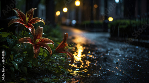 A rain soaked street at night with a flower in the foreground