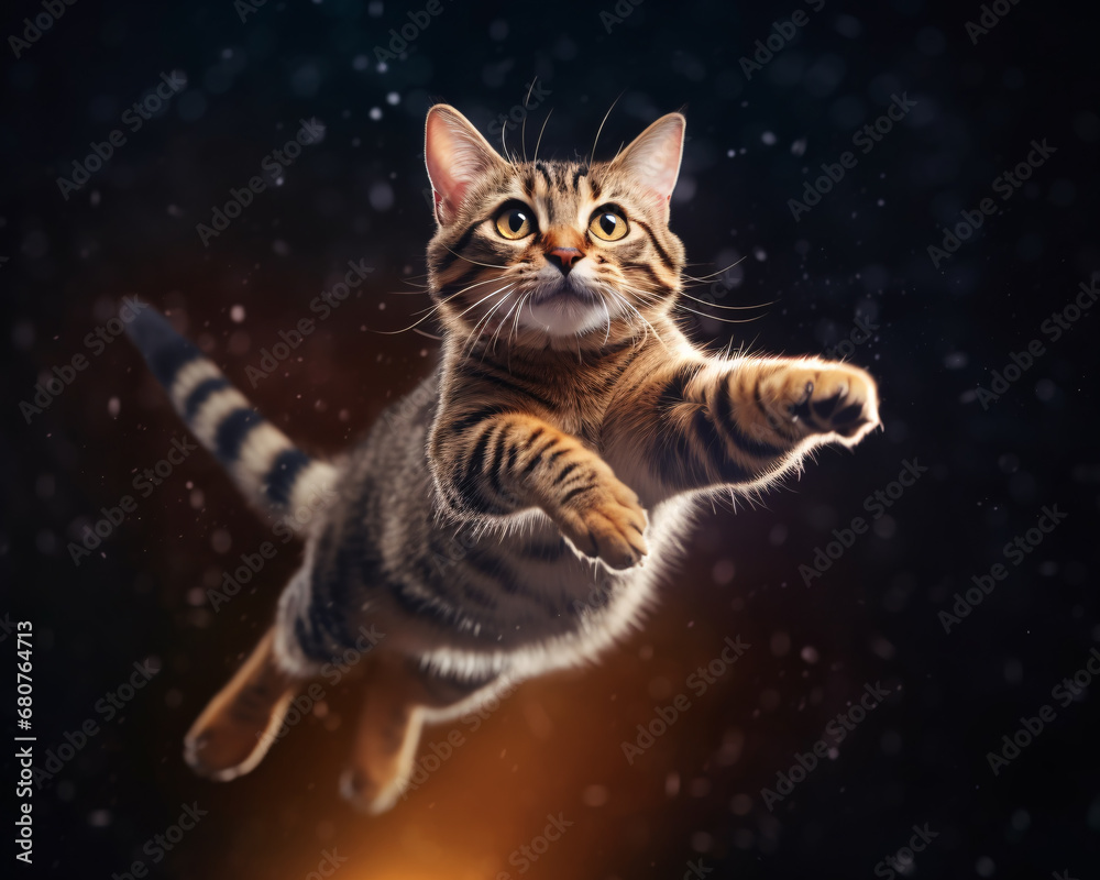 Adorable kitten jumping mid air. Top light with bokeh background. Created with Generative AI technology Adorable kitten jumping mid air. Top light with bokeh background. Created with Generative AI technology