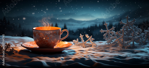 A coffee cup with snowflakes and a blurred winter background with lights. Generative AI.  photo