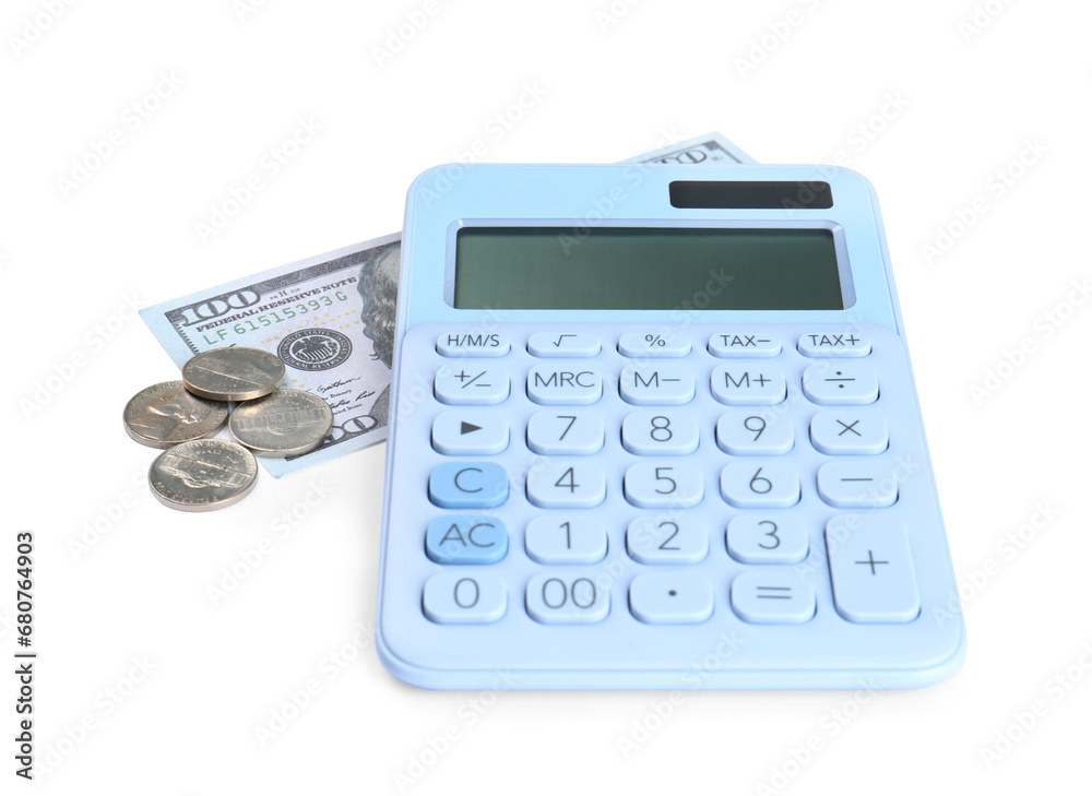 Calculator, dollar banknote and coins on white background. Retirement concept Calculator, dollar banknote and coins on white background. Retirement concept