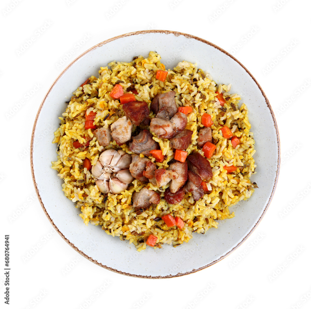 Delicious pilaf with meat, carrot and garlic isolated on white, top view Delicious pilaf with meat, carrot and garlic isolated on white, top view