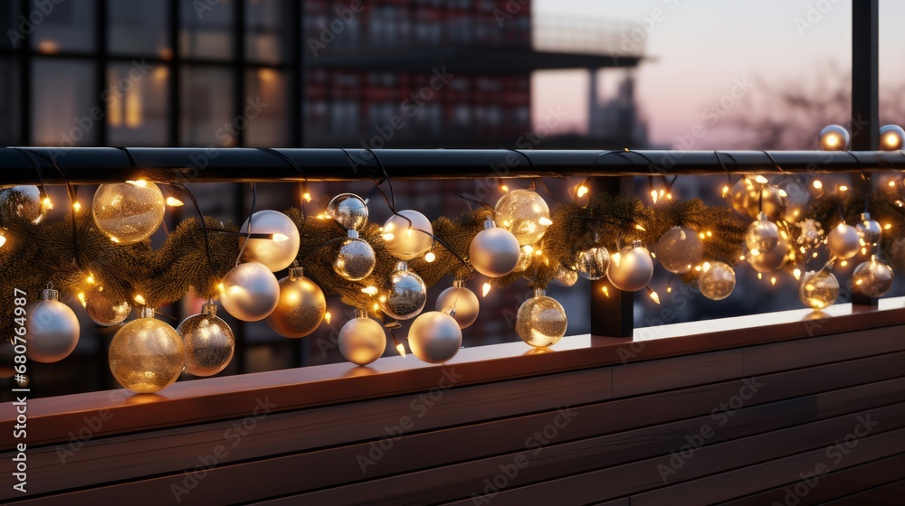 Naklejka premium Festive balcony decoration for Christmas and New Year. Close up of Christmas decoration balls and garland of lights wrapped around balcony railing in modern residential apartment building