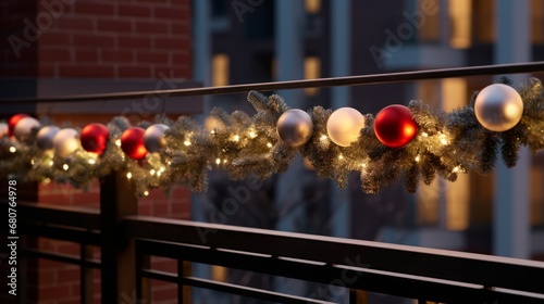 Festive balcony decoration for Christmas and New Year. Close up of Christmas decoration balls and garland of lights wrapped around balcony railing in modern residential apartment building