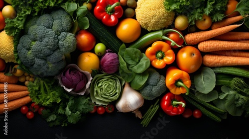 organic harvest vegetables. Vegetarian ingredients for cooking on dark rustic wooden background, top view