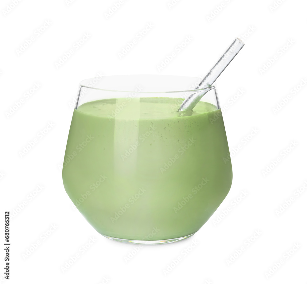 Glass of tasty matcha smoothie isolated on white Glass of tasty matcha smoothie isolated on white