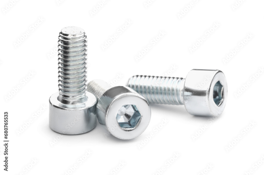 Three metal socket screws isolated on white Three metal socket screws isolated on white