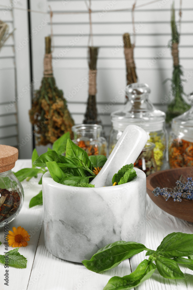 Mortar with pestle and many different medicinal herbs on white wooden table Mortar with pestle and many different medicinal herbs on white wooden table