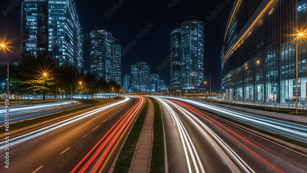 traffic at night,
A cityscape with lights on and a cityscape in the background,
 Dual Perspectives at Night,