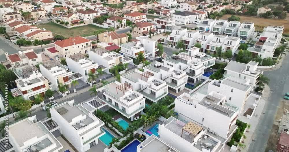 Aerial view Larnaca Livadia Cyprus. Luxury apartments and villas on the shores of the Mediterranean Sea. High quality 4k footage
