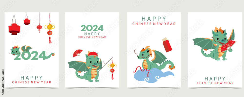 cute Chinese New Year background with lantern,dragon.Editable vector illustration for kid postcard,a4 size