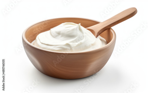 A spoonful of yogurt in a healthy breakfast bowl Isolated White Background
