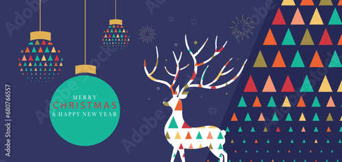 Christmas geometric banner background with christmas tree,reindeer.Editable vector illustration for postcard,horizontal size