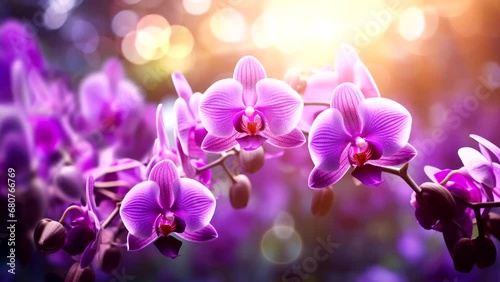 purple orchid flowers in forest with sunlight rays video looping background  photo