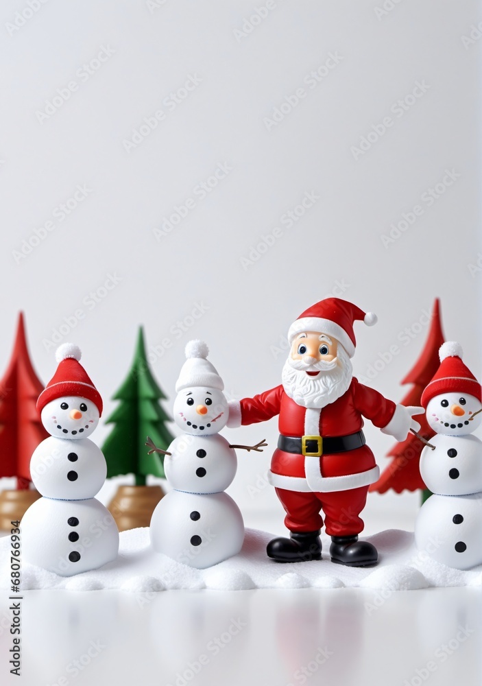 3D Toy Of Santa Claus Playing A Game Of Hide-And-Seek With The Snowmen On A White Background.