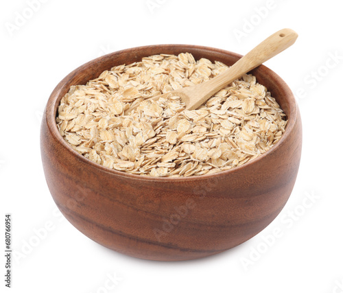Bowl with oatmeal and scoop isolated on white