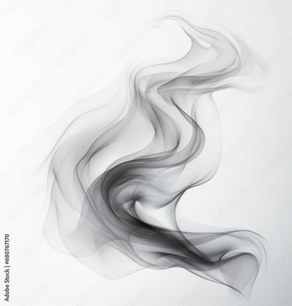Black smoke, incense or gas in a studio with white background by mockup space for magic effect with abstract. Fog, steam or vapor mist moving in air for cloud smog pattern by light backdrop with bann