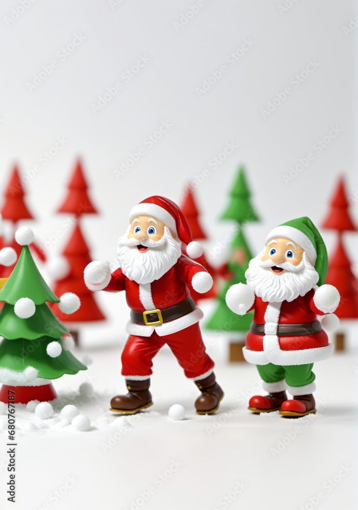 3D Toy Of Santa Claus Having A Snowball Fight With The Elves On A White Background. 3D Toy Of Santa Claus Having A Snowball Fight With The Elves On A White Background.