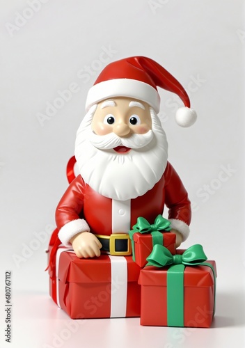 3D Toy Of Santa Claus Wrapping Presents With A Bow On A White Background.