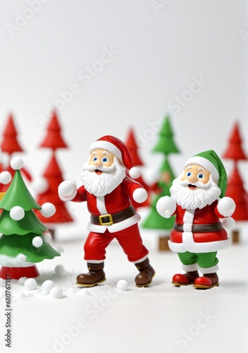 3D Toy Of Santa Claus Having A Snowball Fight With The Elves On A White Background.