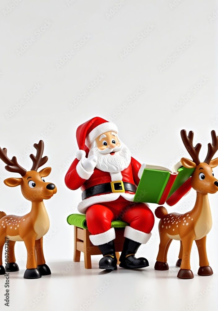 3D Toy Of Santa Claus Reading A Bedtime Story To The Reindeer On A White Background.