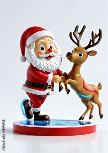 3D Toy Of Santa Claus Teaching Reindeer To Do Synchronized Swimming On A White Background. © Pixel Matrix