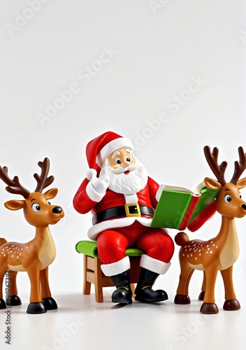 3D Toy Of Santa Claus Reading A Bedtime Story To The Reindeer On A White Background. © Pixel Matrix