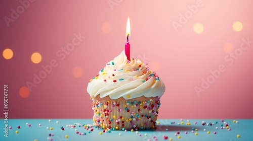 White Birthday Cake with colorful sprinkles and lit birthday candle over a pink background photo