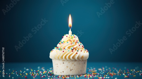 White Birthday Cake with colorful sprinkles and lit birthday candle over a blue background photo