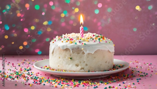 White Birthday Cake with colorful sprinkles and lit birthday candle over a pink background