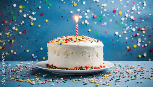 White Birthday Cake with colorful sprinkles and lit birthday candle over a blue background