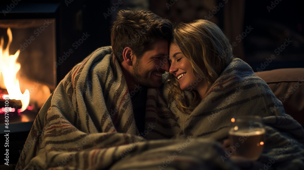 A couple wrapped in cozy blankets, AI Generative. A couple wrapped in cozy blankets, AI Generative.