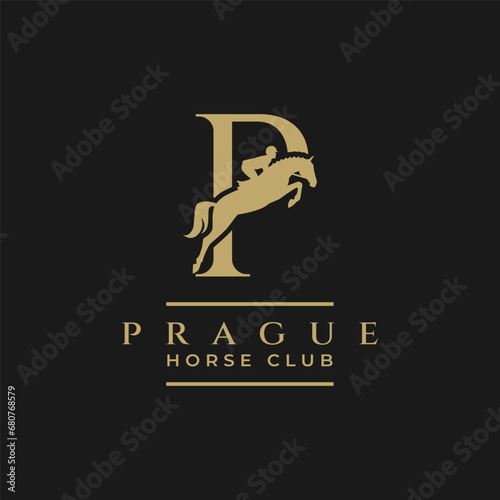 Elegant luxury letter P monogram horse jumping logo, letter P horse logo, show jumping horse logo, logo type, typography